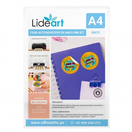 FILM AUTOADHESIVO BLANCO MATE PARA INKJET WP PQT A4X20UND / LIDERART