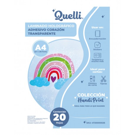 LAMINADO HOLOGRAFICO ADHESIVO CORAZON TRANSP. A4 (20 Und) Handi Print